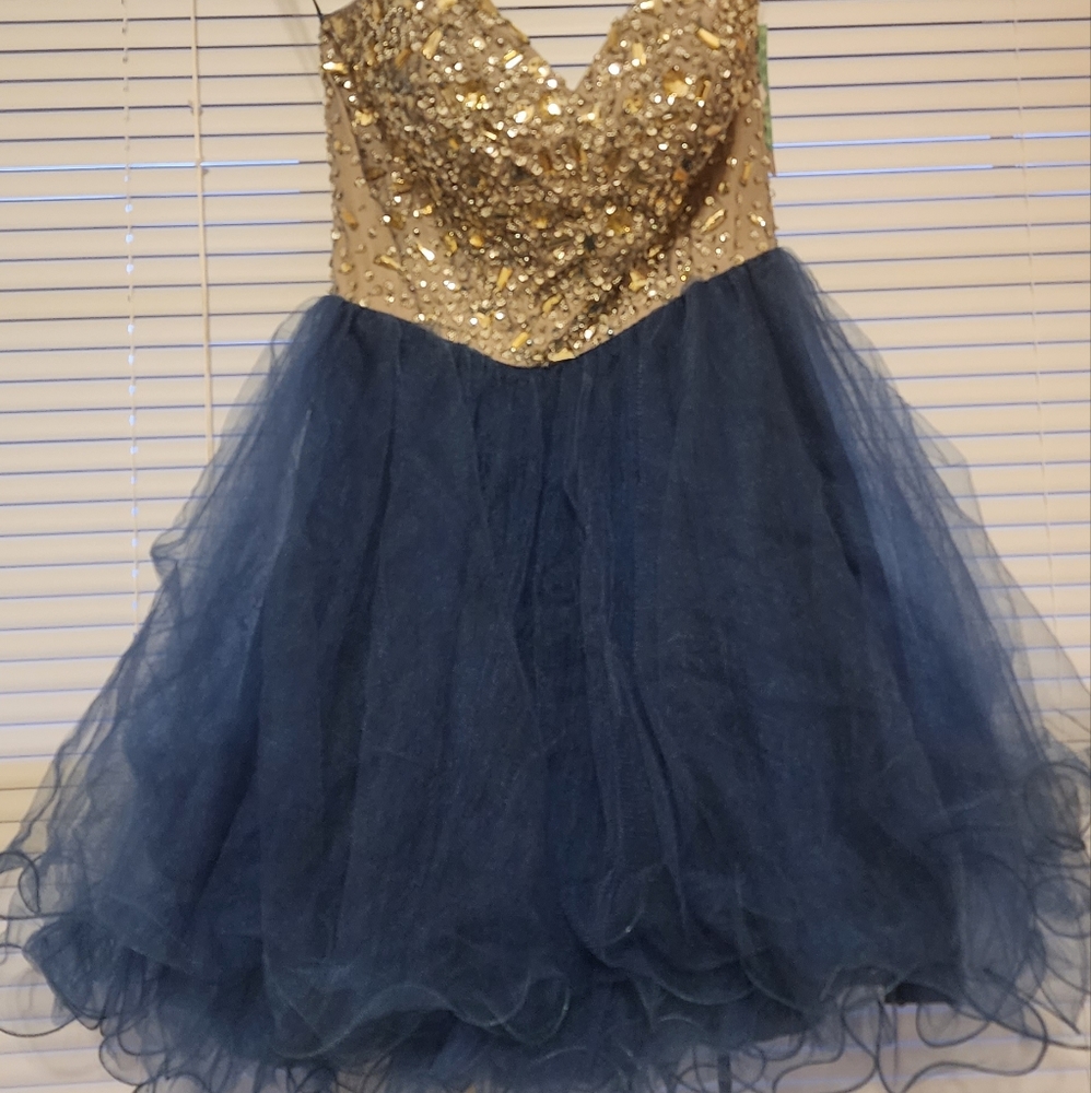Brand new size 6 dress. The top is gold, and the bottom is navy blue.
